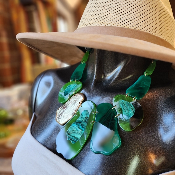 Green, Blue and Goldtone Statement Necklace with Earrings Set - Picture 2 of 16